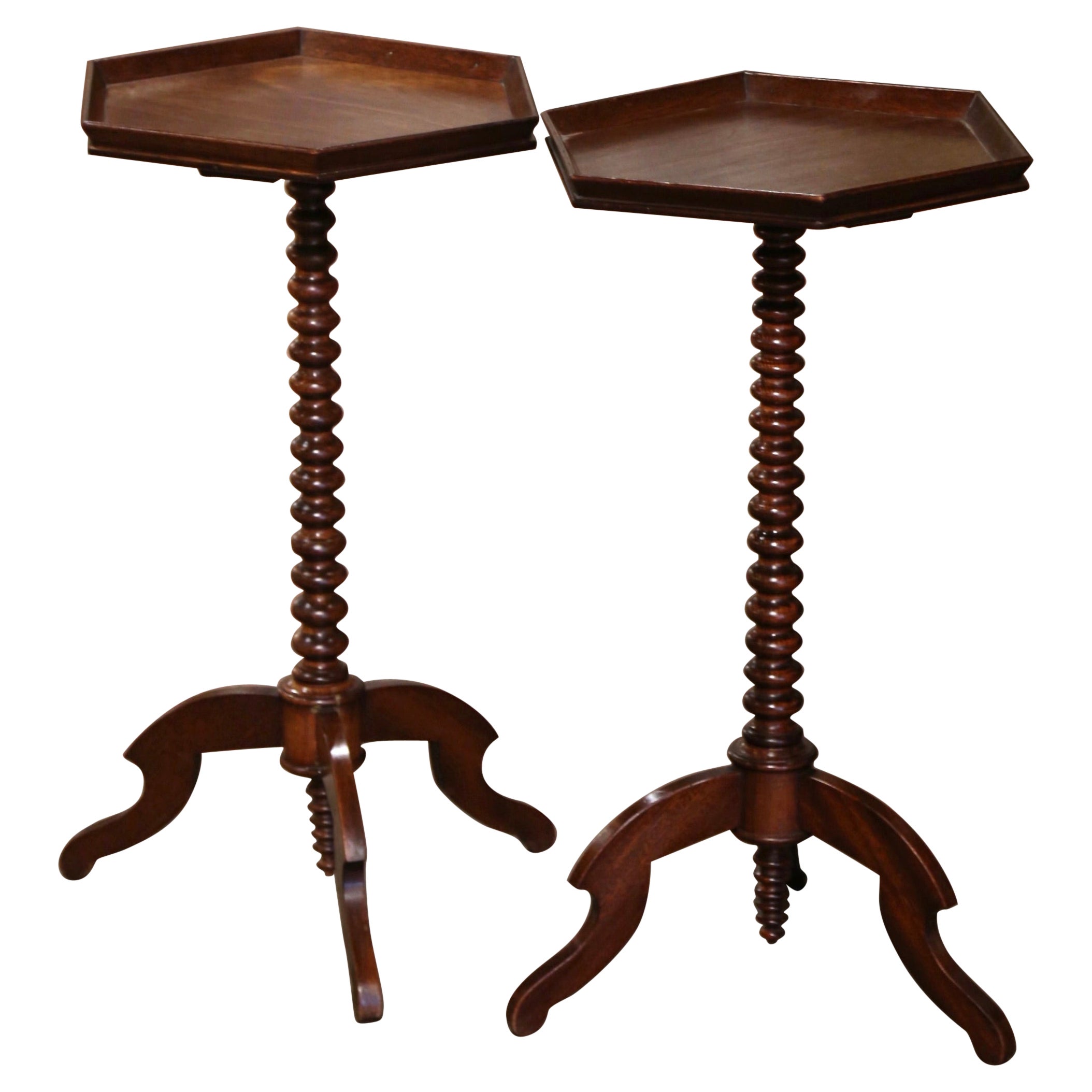 Pair of Early 20th Century English Carved Walnut Hexagonal Martini Side Tables  For Sale