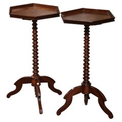 Pair of Early 20th Century English Carved Walnut Hexagonal Martini Side Tables 