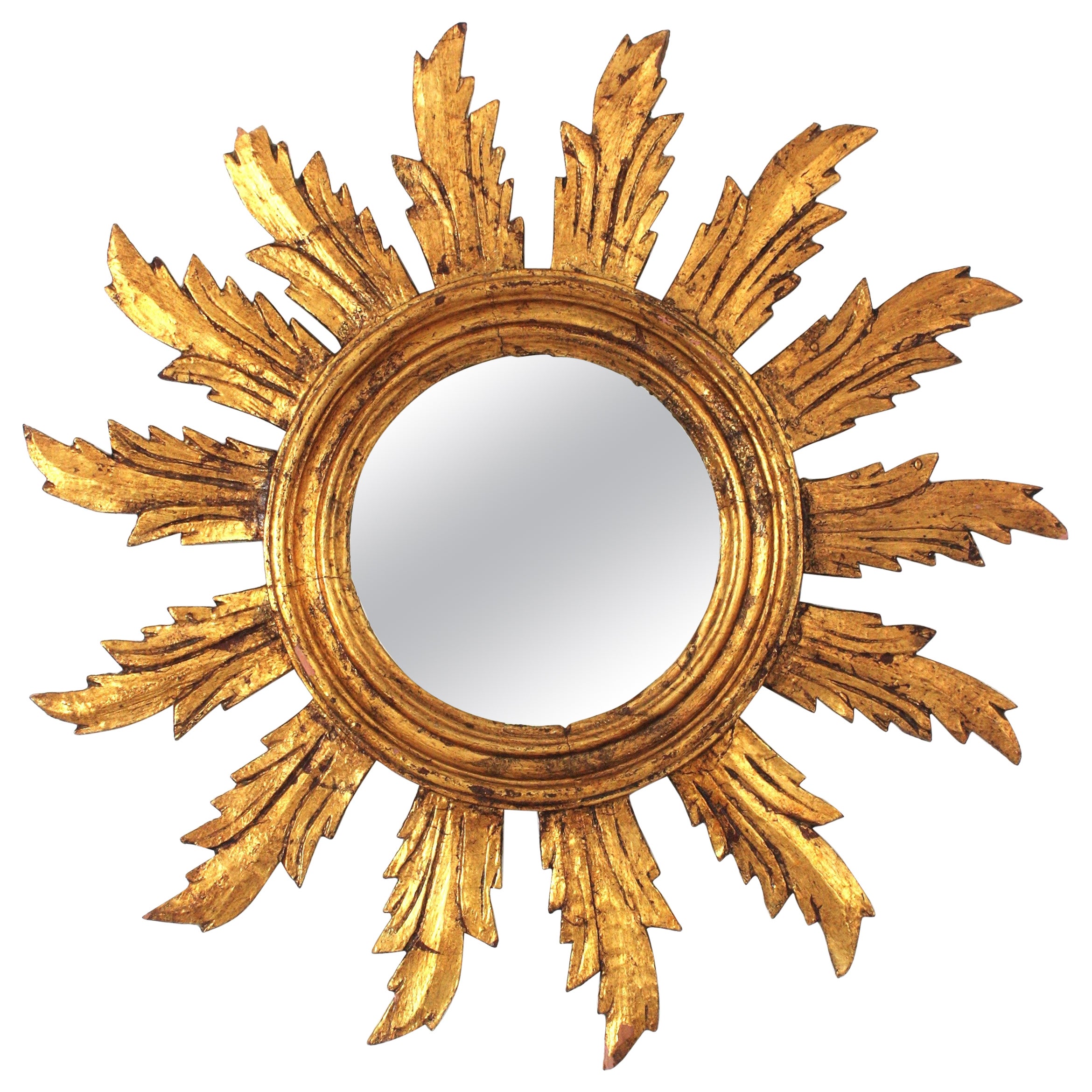 Spanish Sunburst Mirror in Carved Giltwood, 1950s For Sale