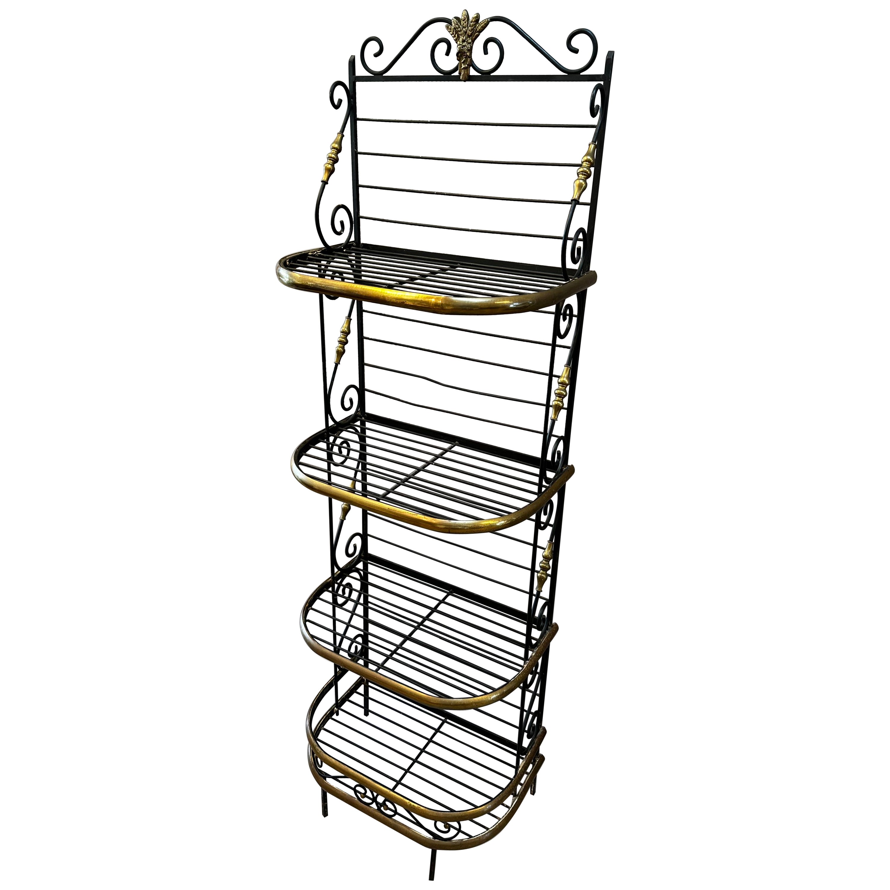 French Provincial Steel and Brass Bakers Rack For Sale