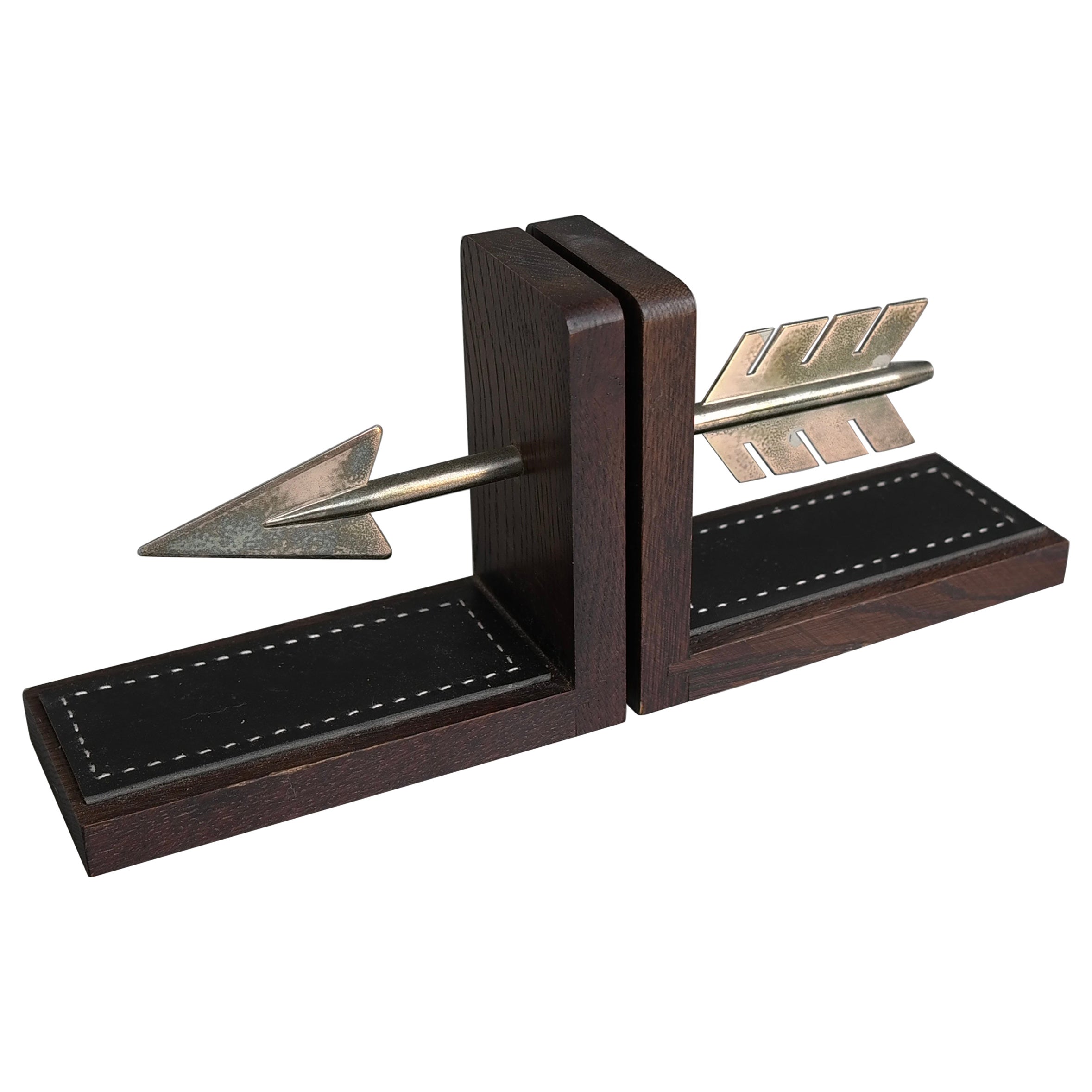 Arrow Brass and Wood Bookends with Hand Stiched Leather, France 1960's For Sale