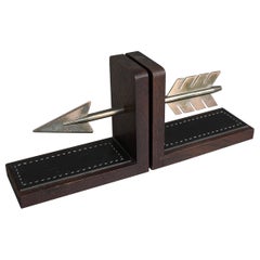 Arrow Brass and Wood Bookends with Hand Stiched Leather, France 1960's