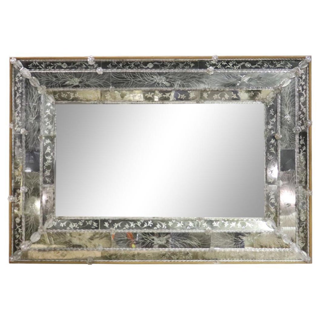Large Fine Quality Antique Venetian Etched Glass Murano Wall Mirror  For Sale