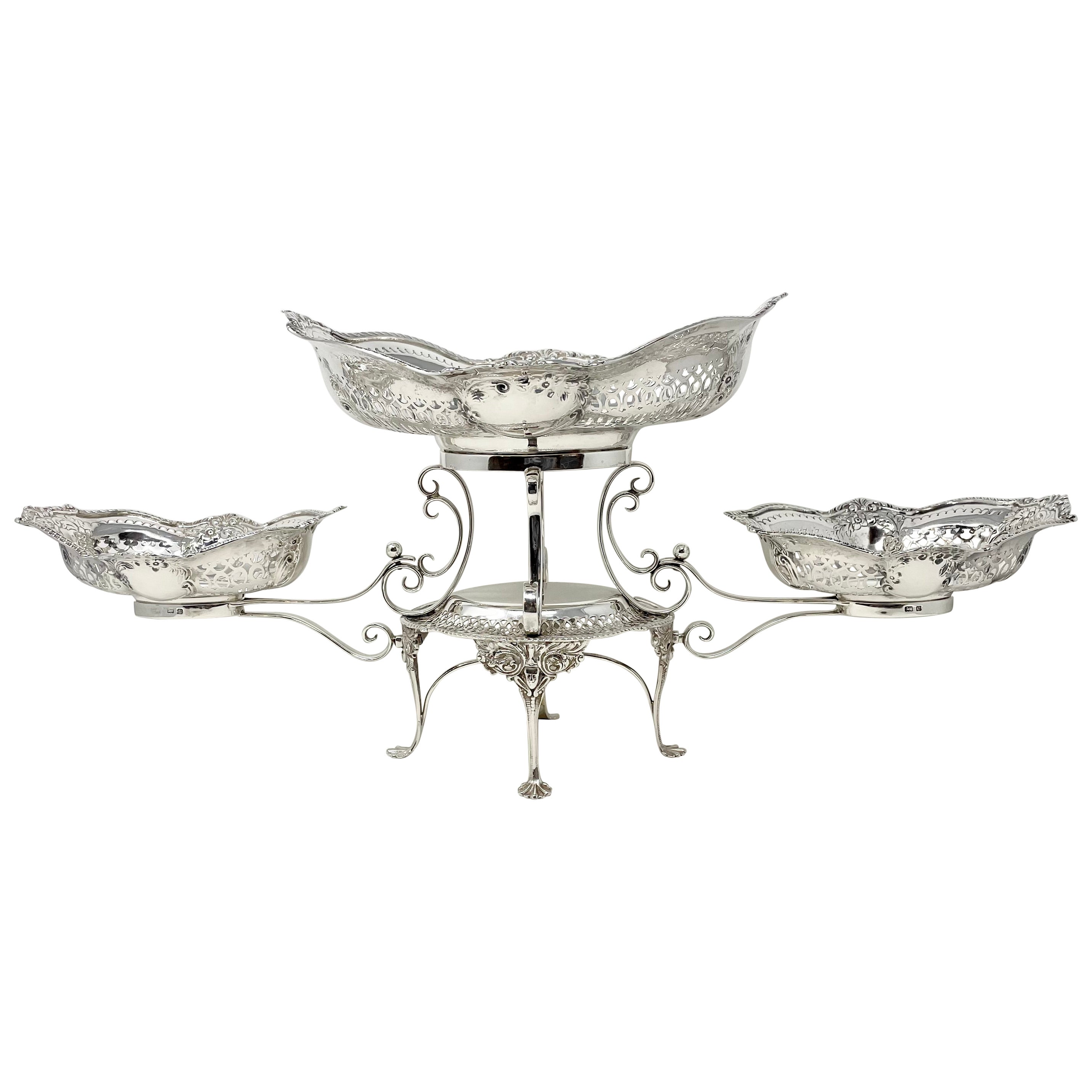 Antique English "Mappin & Webb" Pierced Sterling Silver Epergne, Circa 1900. For Sale