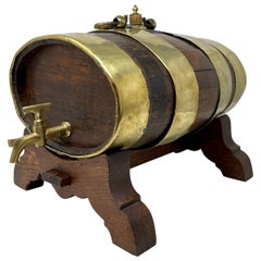 Used English Oak Tabletop Whiskey Barrel with Brass Banding, Circa 1890.