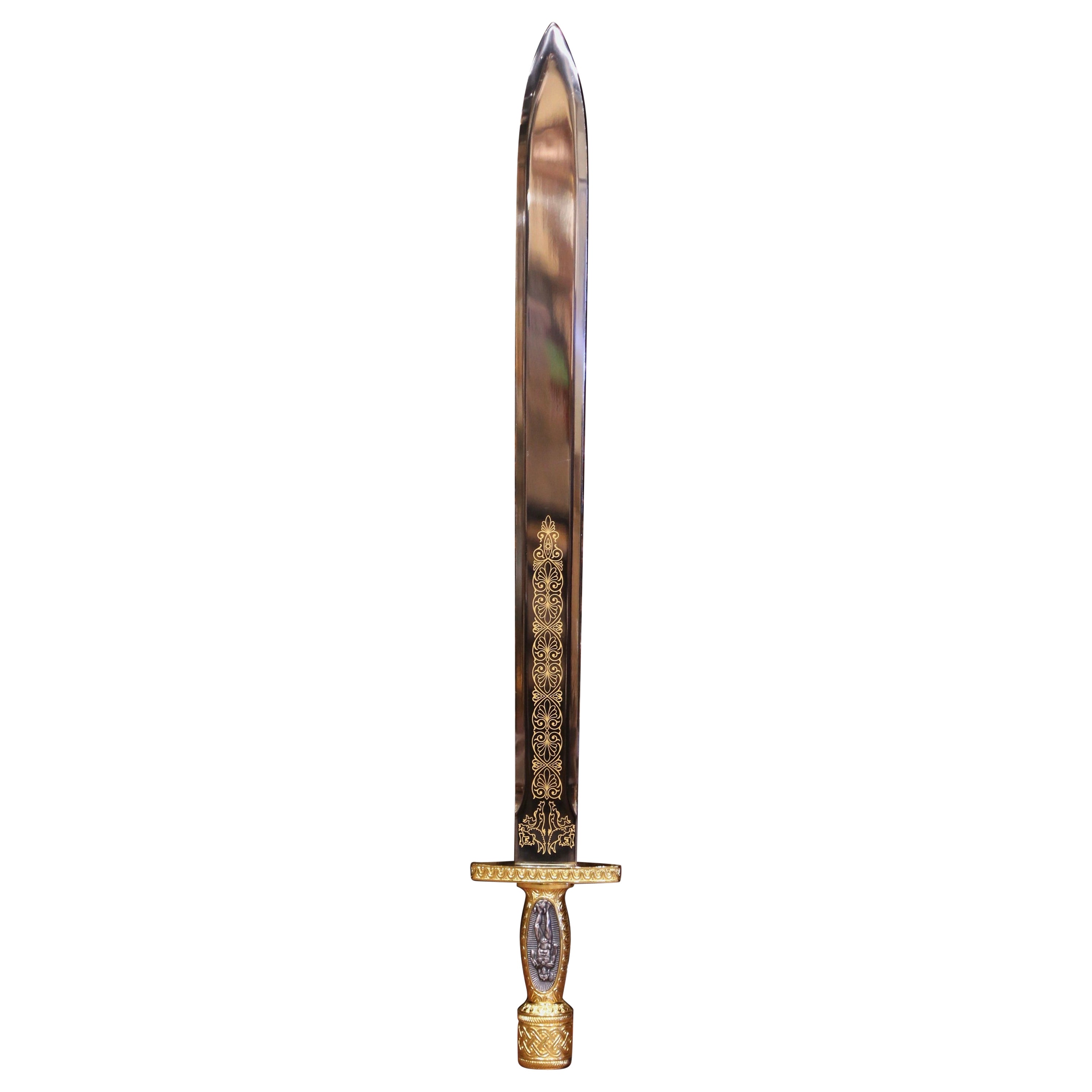 Sword de bataille grecque Xiphos en acier poli avec défense dorée