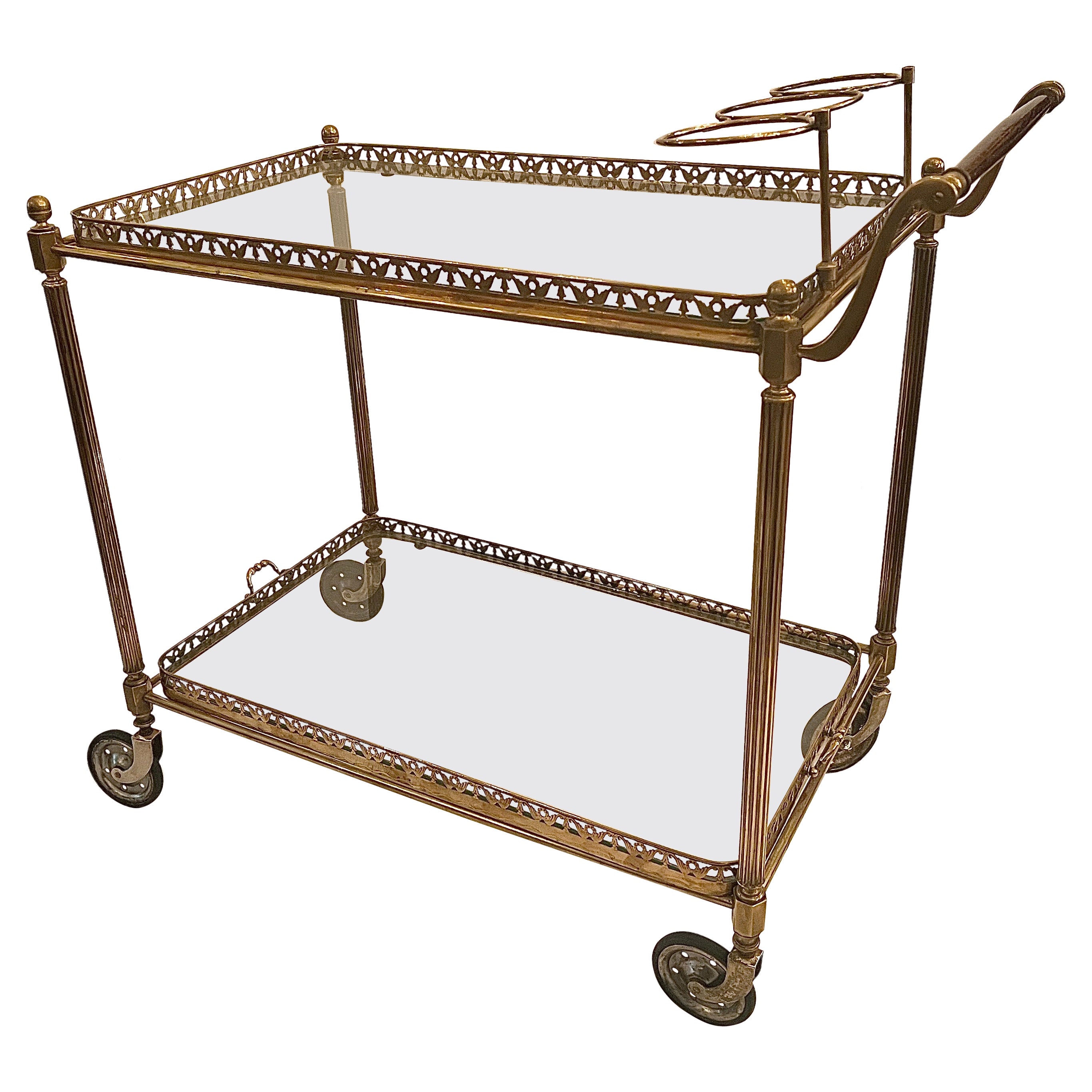 Estate Brass & Glass Rolling Drinks Cart with Serving Tray, Circa 1950's-1960's. For Sale