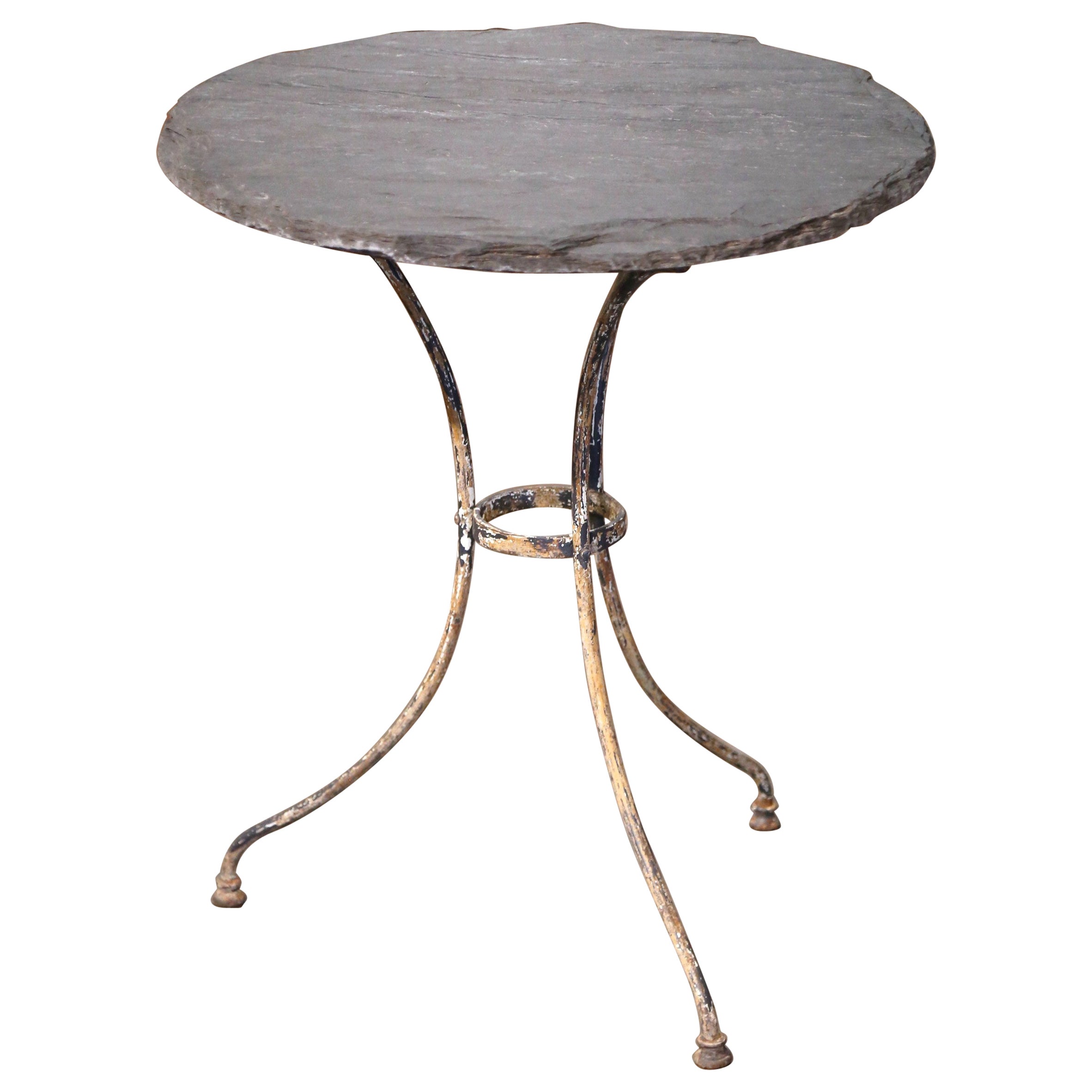 Französischer runder Bistrotisch mit Schieferplatte und lackiertem Eisen aus dem 19.