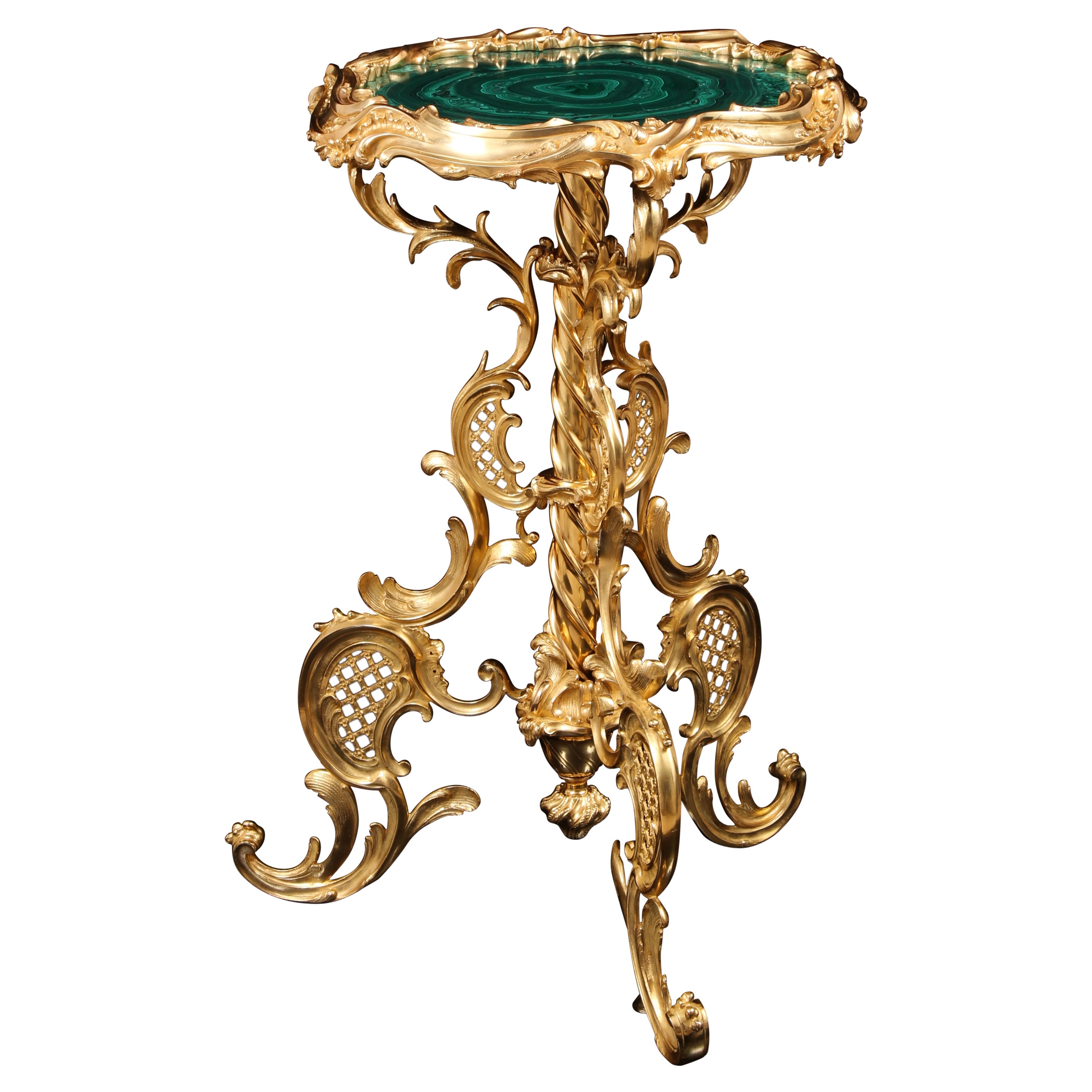 Table Guéridon en bronze doré et malachite du 19e siècle en vente