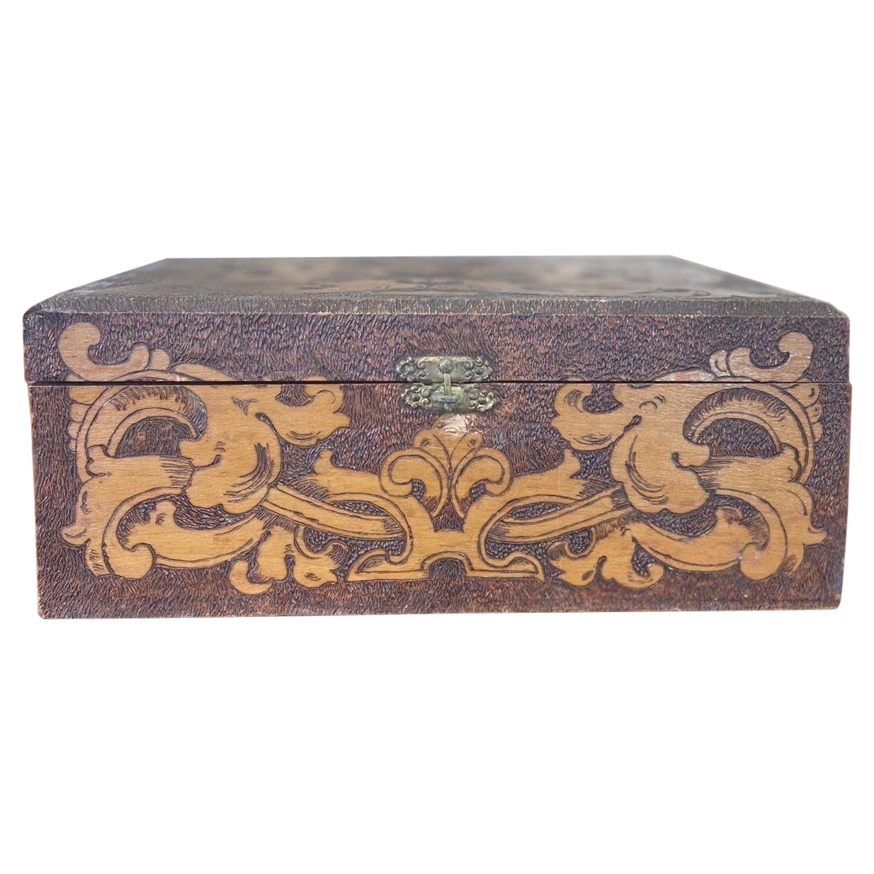 Wooden Box With Pyrography Mosaic and Hinge Clasp. For Sale