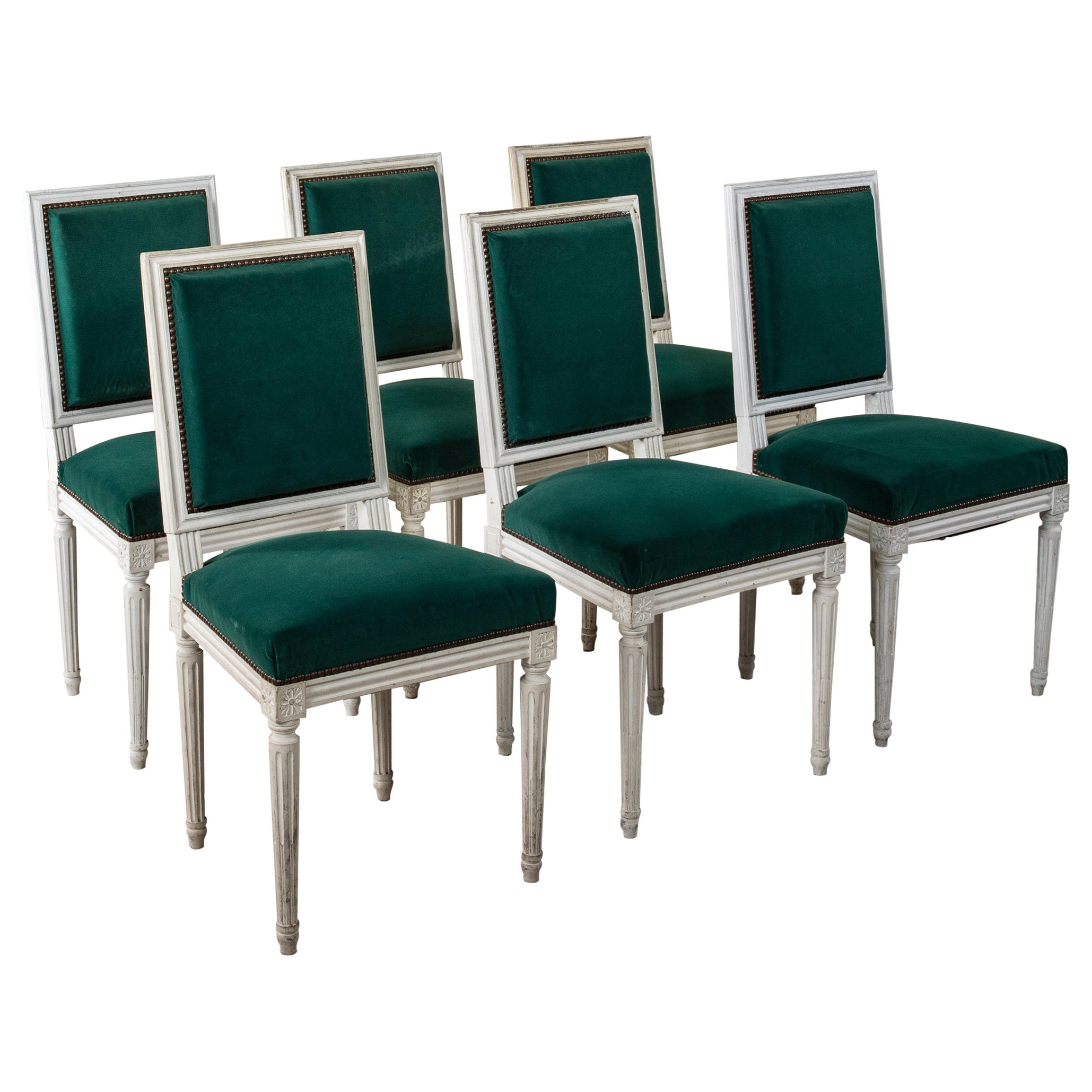 Set of Six Mid-20th Century French Louis XVI Style Painted Dining Chairs For Sale