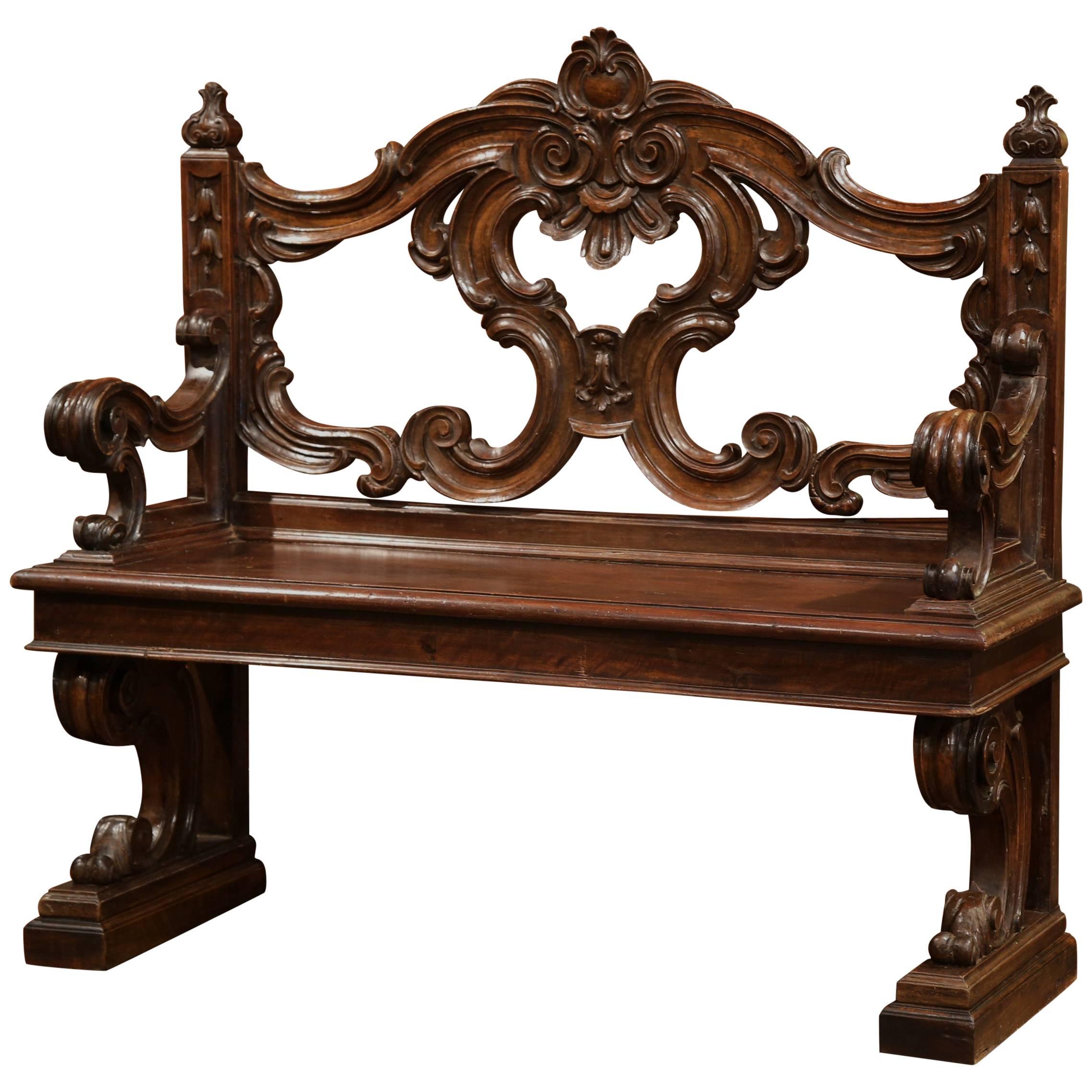 Early 19th Century Italian Carved Walnut Bench with Back and Armrests
