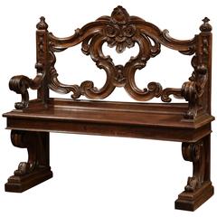 Early 19th Century Italian Carved Walnut Bench with Back and Armrests