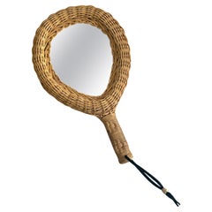 Vintage Hand Woven Rattan Hand Mirror with Leather Strap