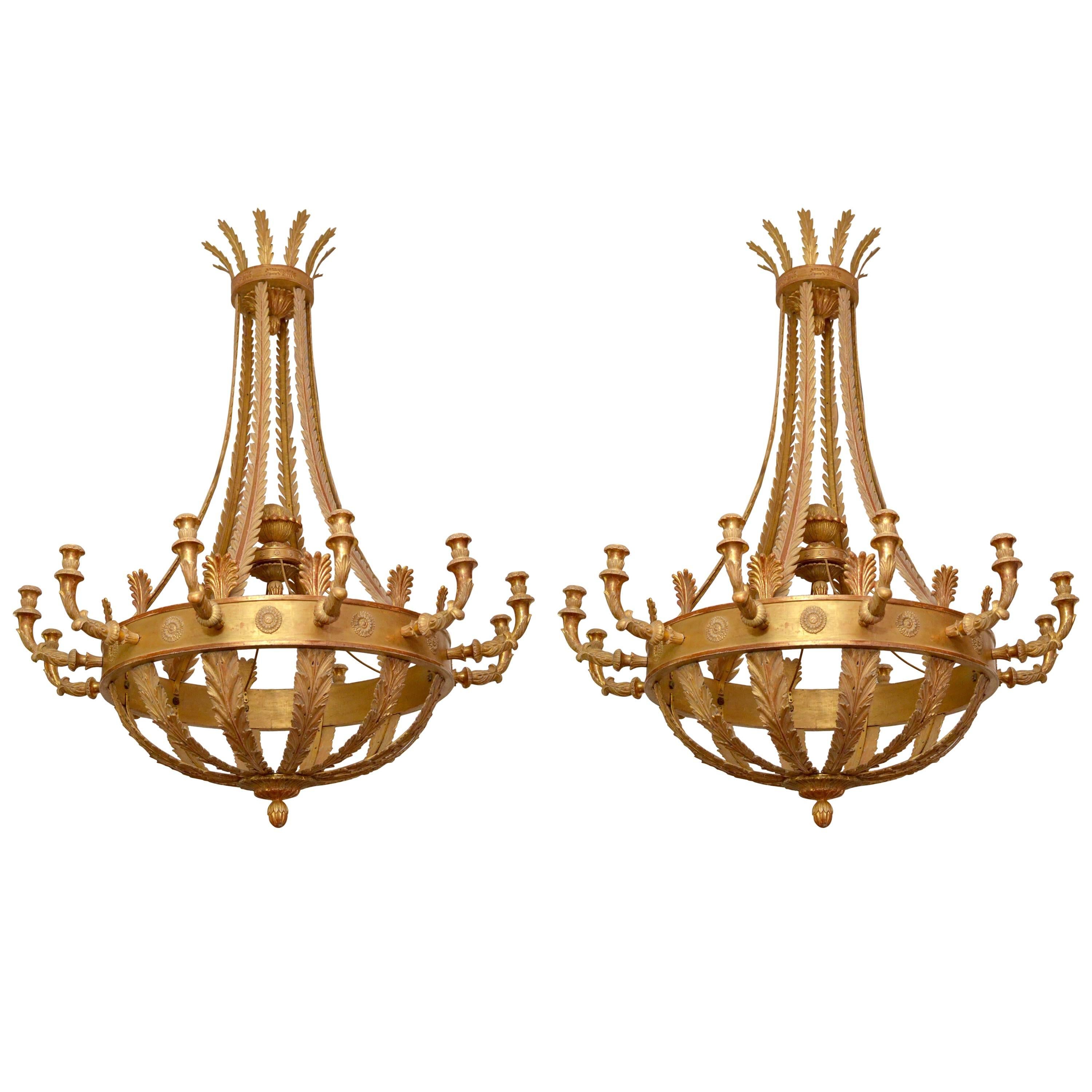 Very Large Pair of 19th Century Empire Giltwood Chandeliers