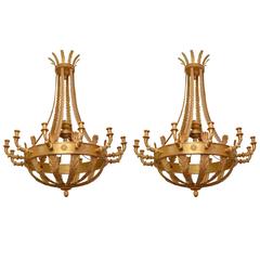 Very Large Pair of 19th Century Empire Giltwood Chandeliers