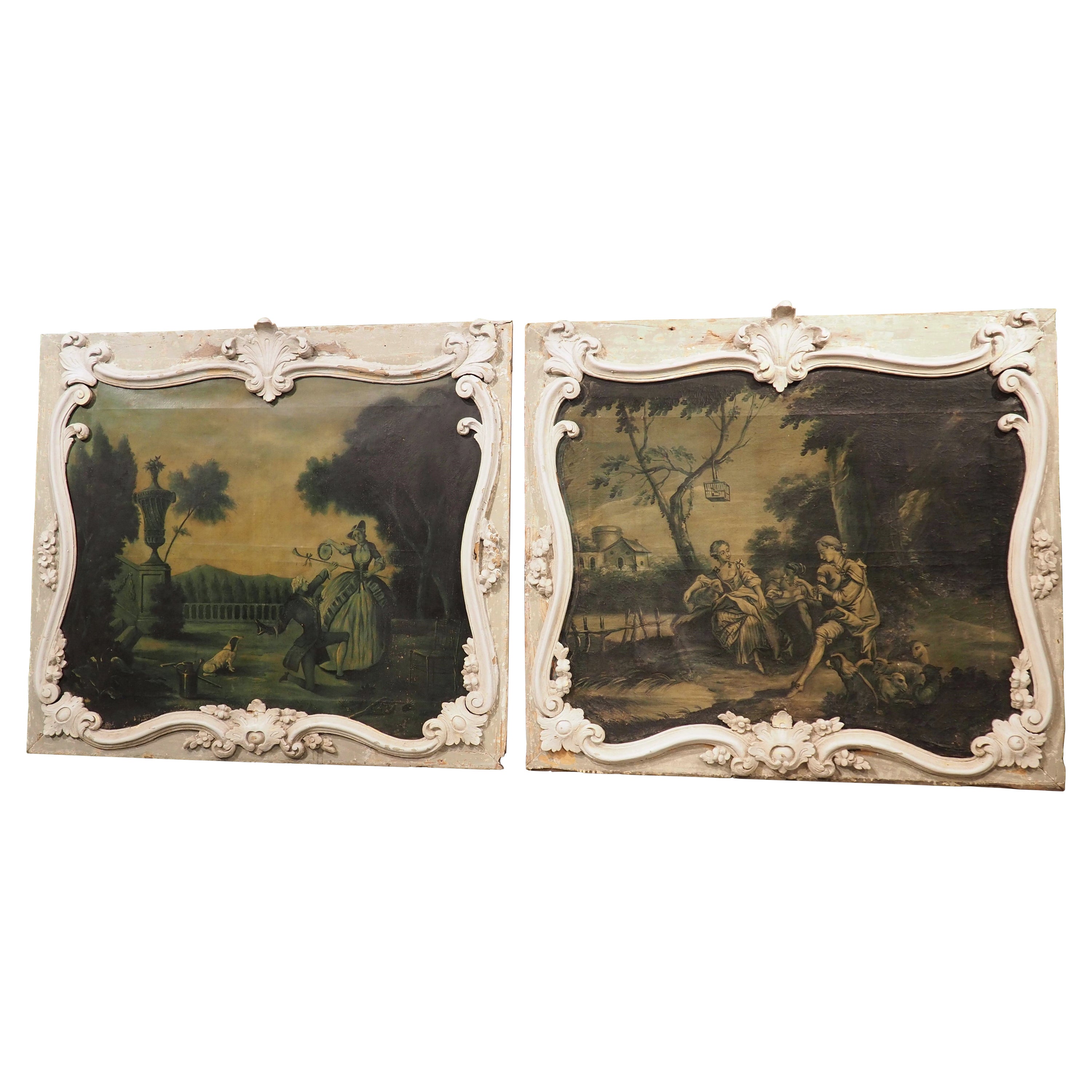 Pair of Large 18th Century French Boiserie Overdoor Paintings For Sale