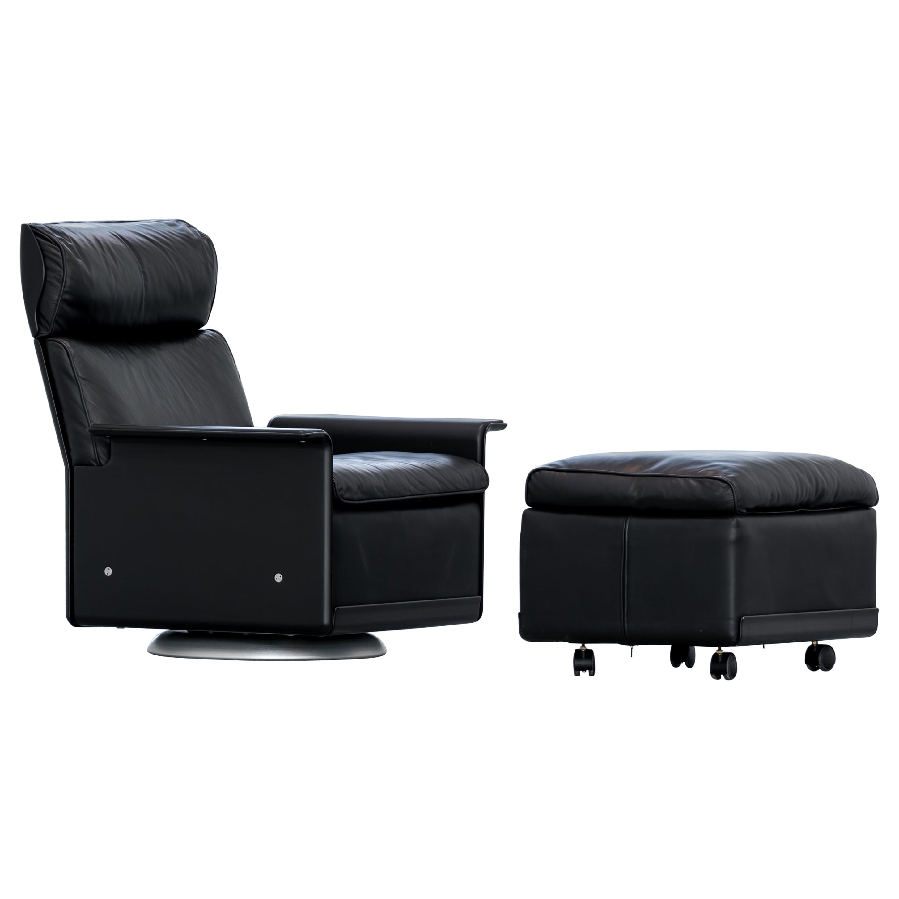 Dieter Rams Lounge Chair + Ottoman Swivel Base by Vitsœ Leder 1962 Minimal  im Angebot