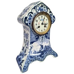 Antique 19th Century Dutch Painted Blue and White Faience Delft Mantel Clock