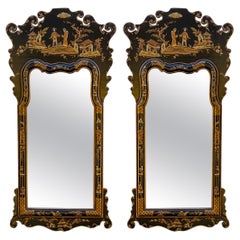 Georgian Style Black Lacquer & Gilt Chinoiserie Mirrors - Pair