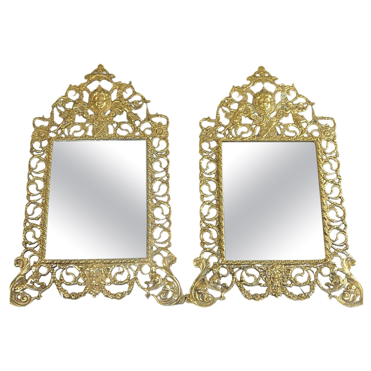 Pair of Antique French Rococo Brass Wall Mirrors For Sale