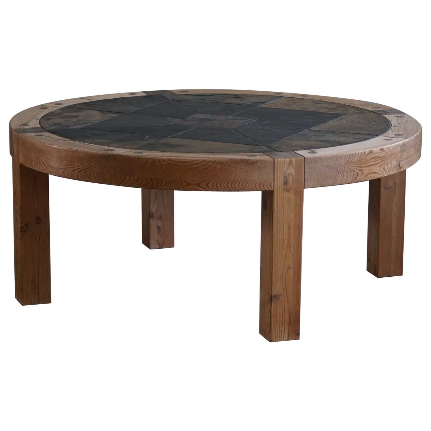 Large Round Coffee Table in Pine & Ceramic by Sallingboe, Danish Design, 1970s For Sale