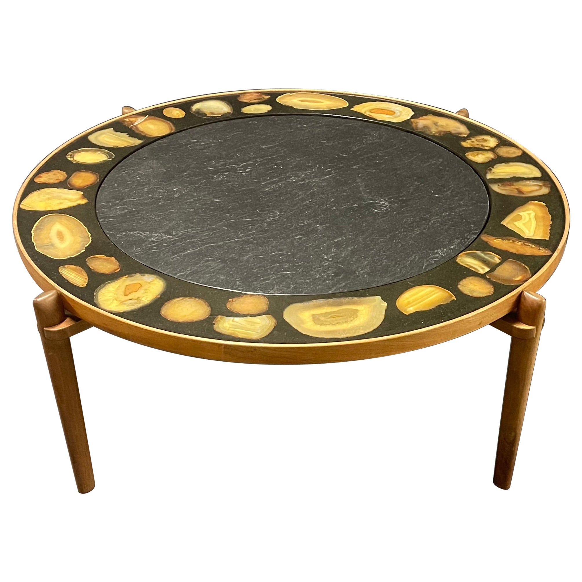 Very Rare and Exclusive Cocktail Table with Agate Inlays and Teakwood Base For Sale