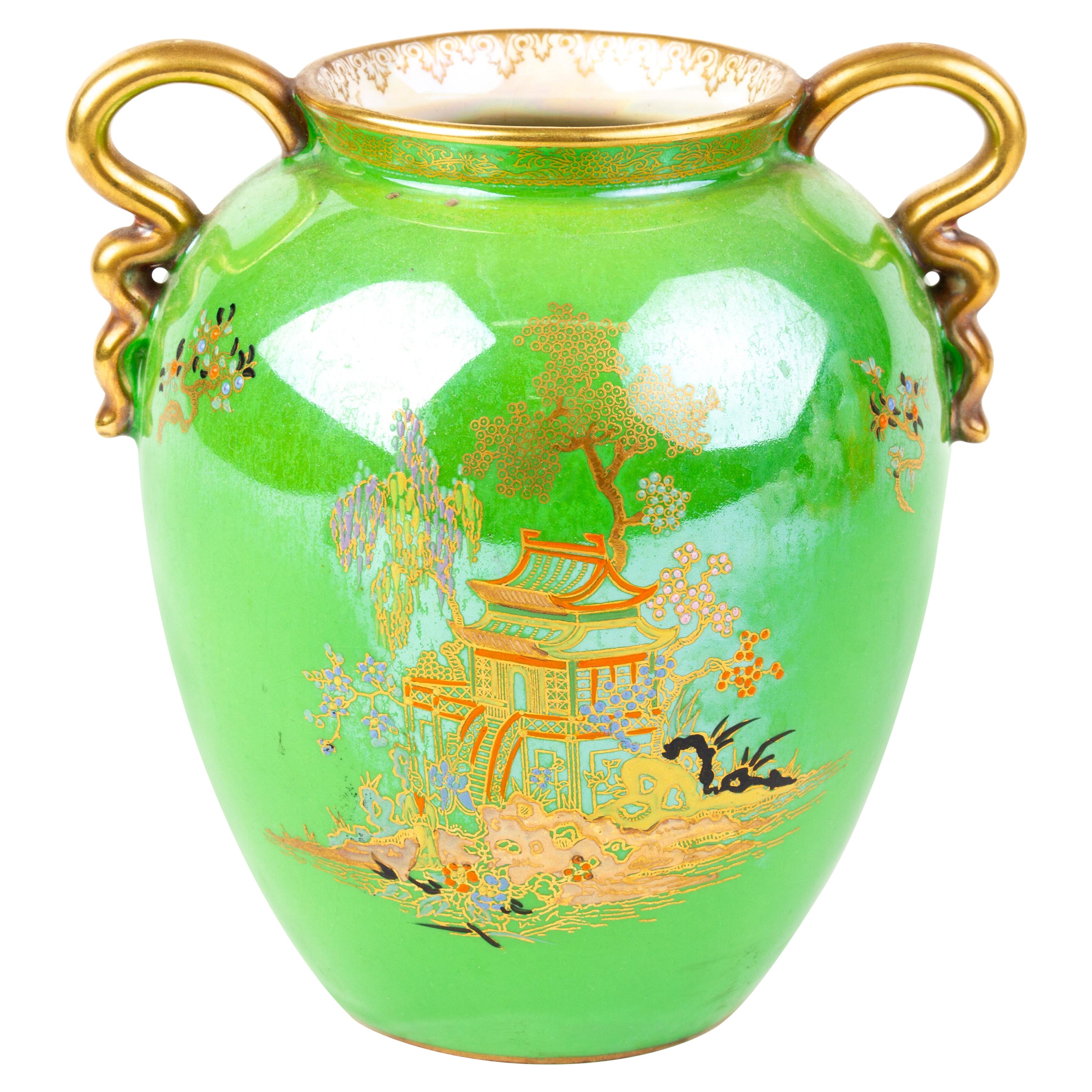 Carlton Ware Green Lustre Chinese Pagoda Vase Art Deco For Sale