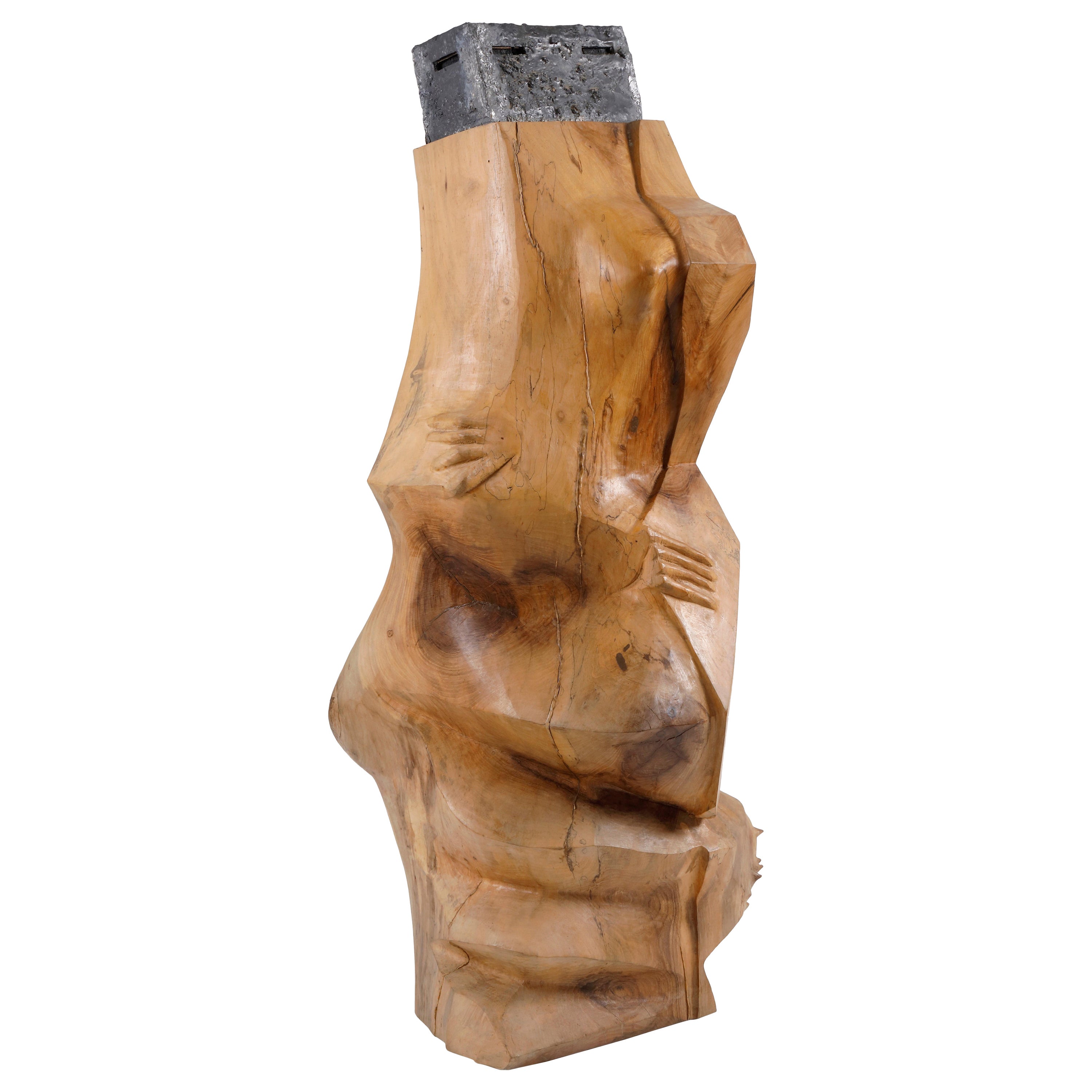 Brutalist hand-carved wooden sculpture, France For Sale