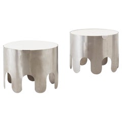 Pair of 1970s French tambour shaped side tables in brushed metal 