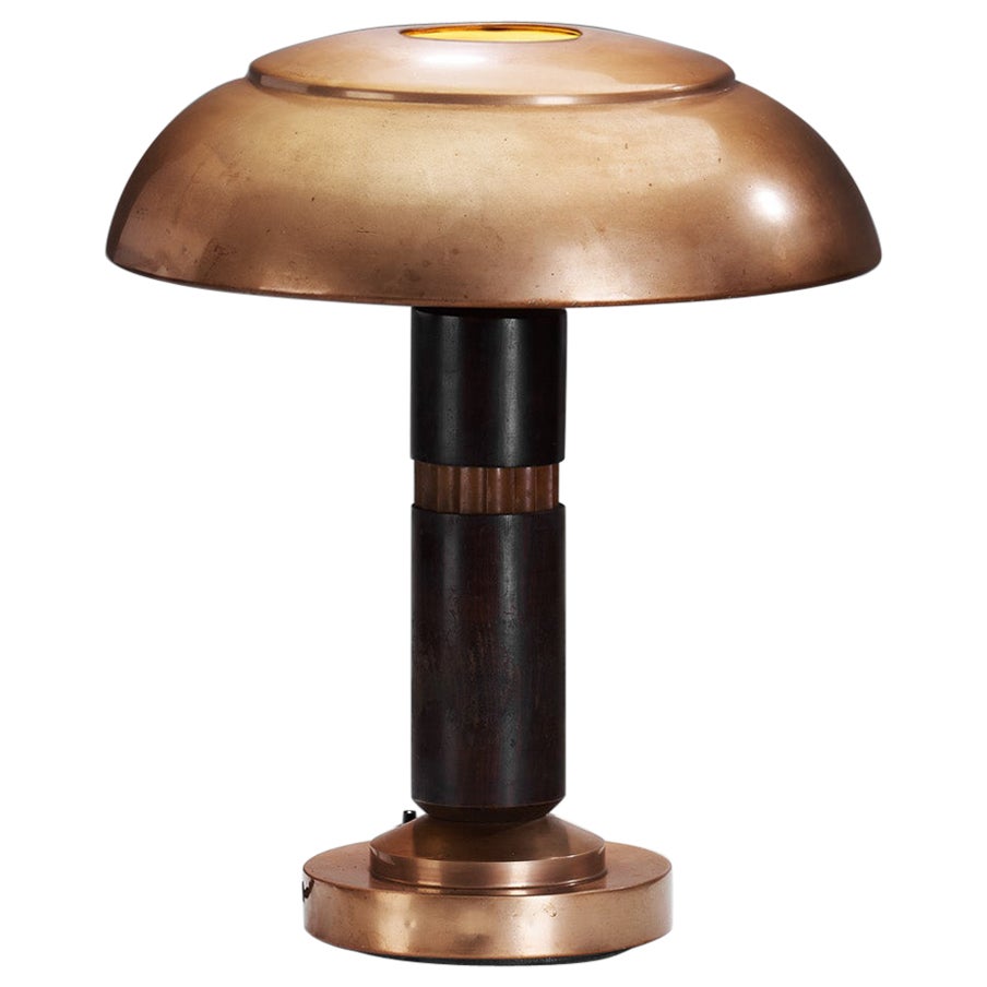 Copper and Wood Art Deco Table Lamp, Europe ca 1930s For Sale