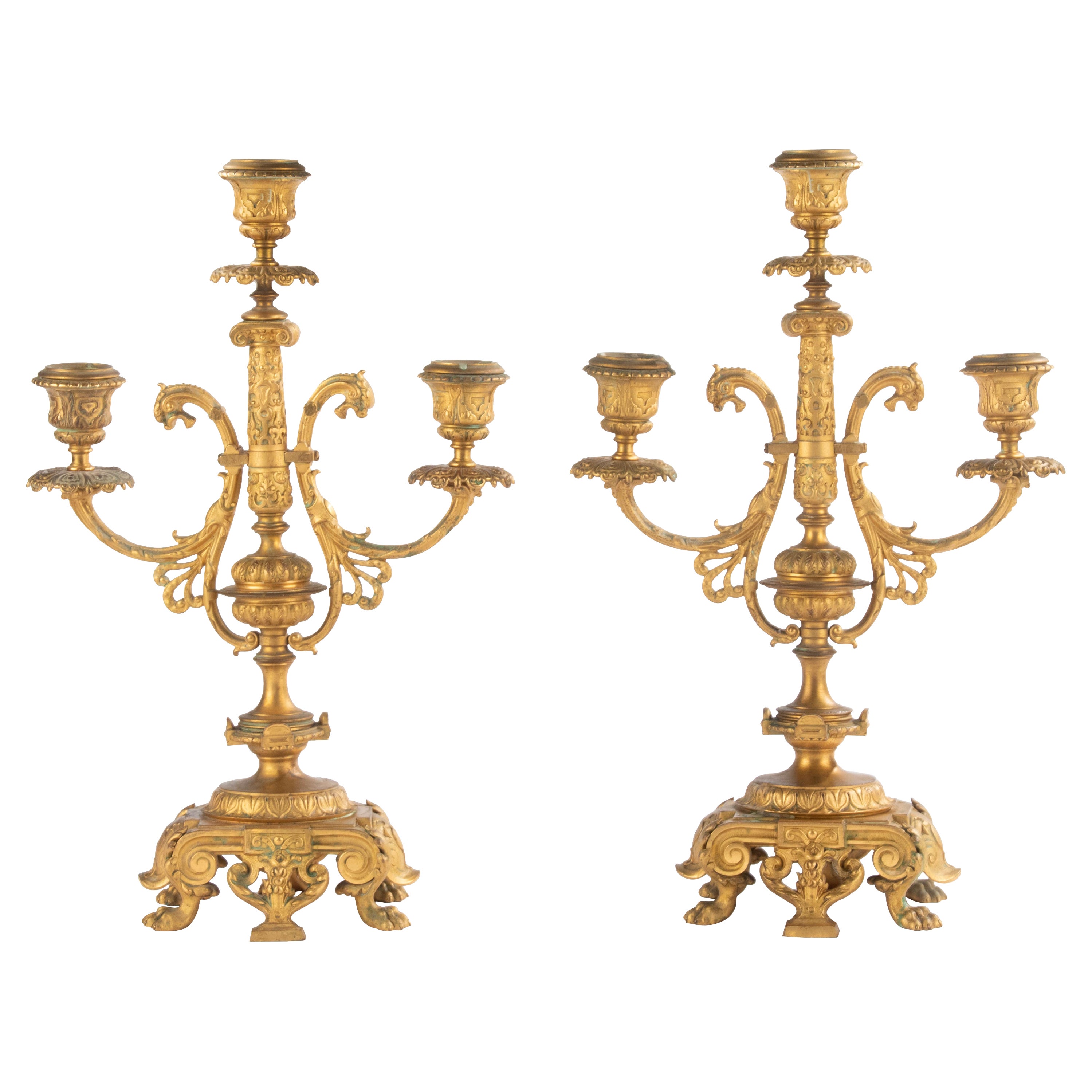 Pair of Antique Renaissance Style Ormolu Gilt Bronze Candelabras  For Sale