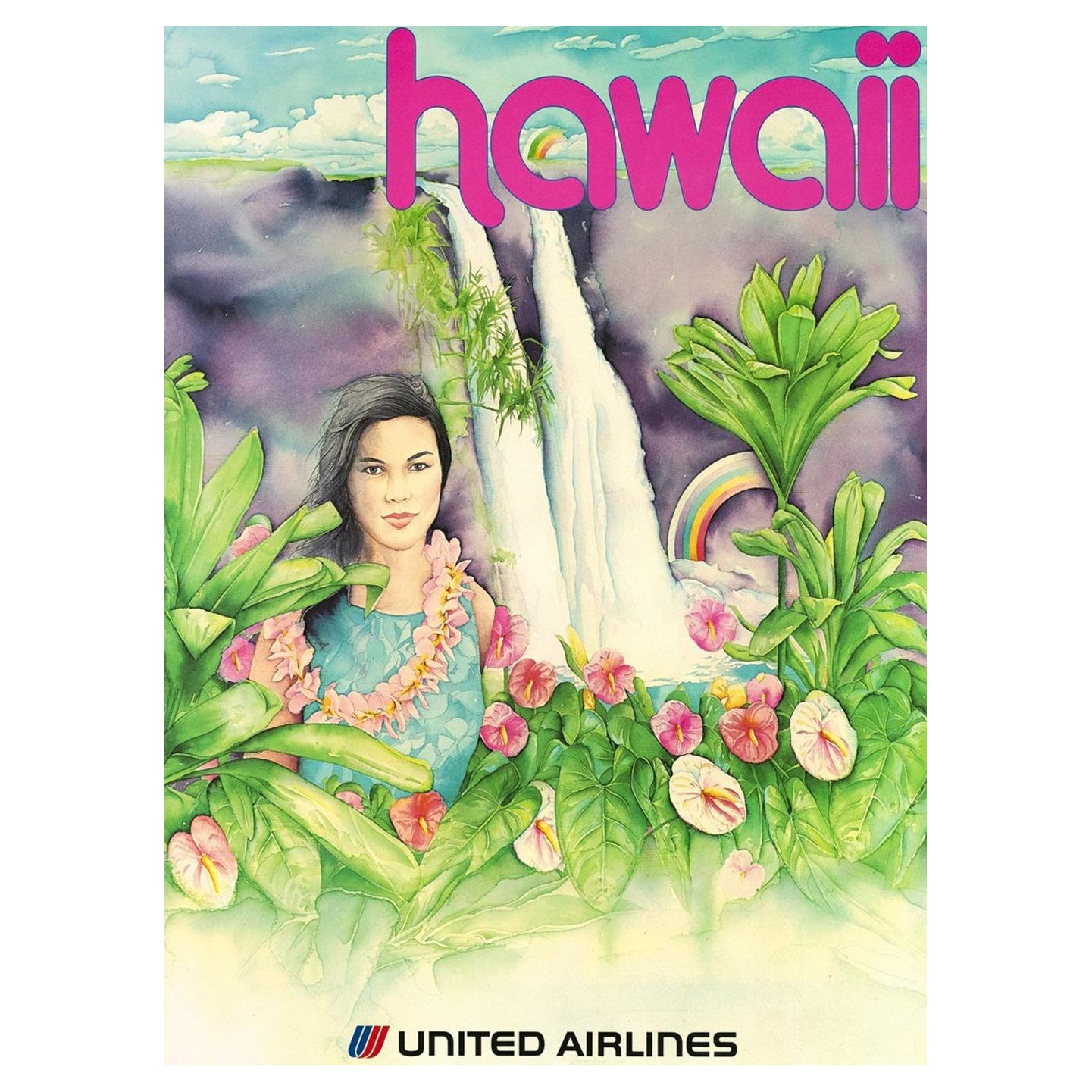 1970 United Airlines - Hawaii Original Vintage Poster en vente