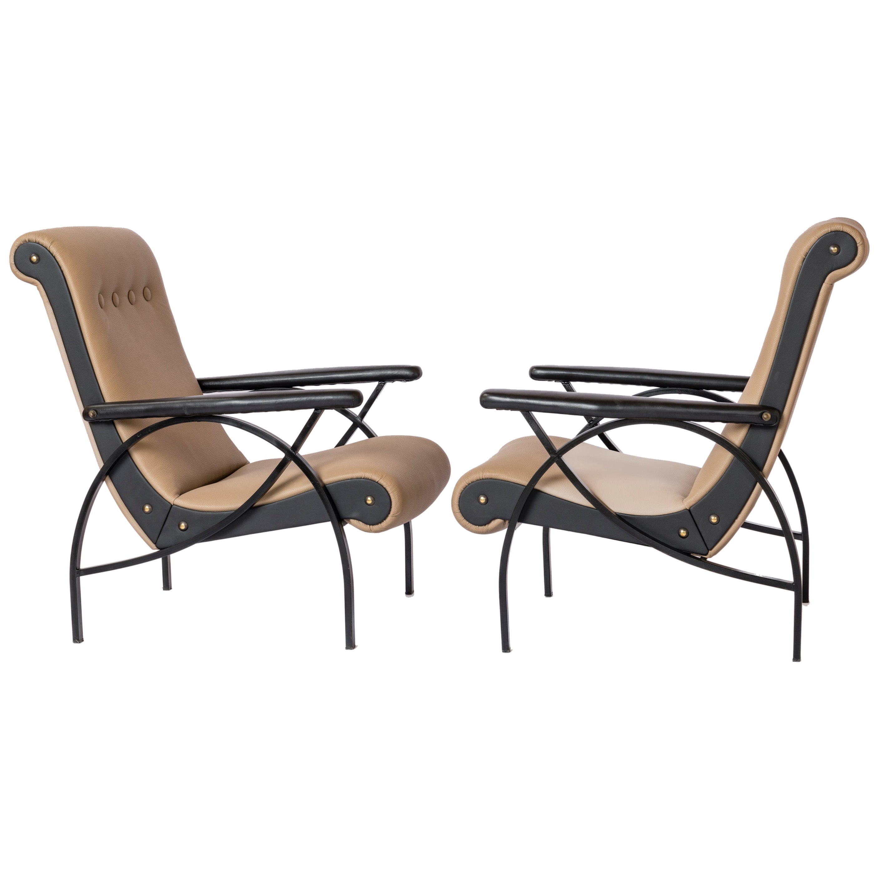 Black Lacquered Steel & Taupe Leather Armchairs in style of Borsani - Italy 1960