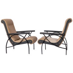 Black Lacquered Steel & Taupe Leather Armchairs in style of Borsani - Italy 1960