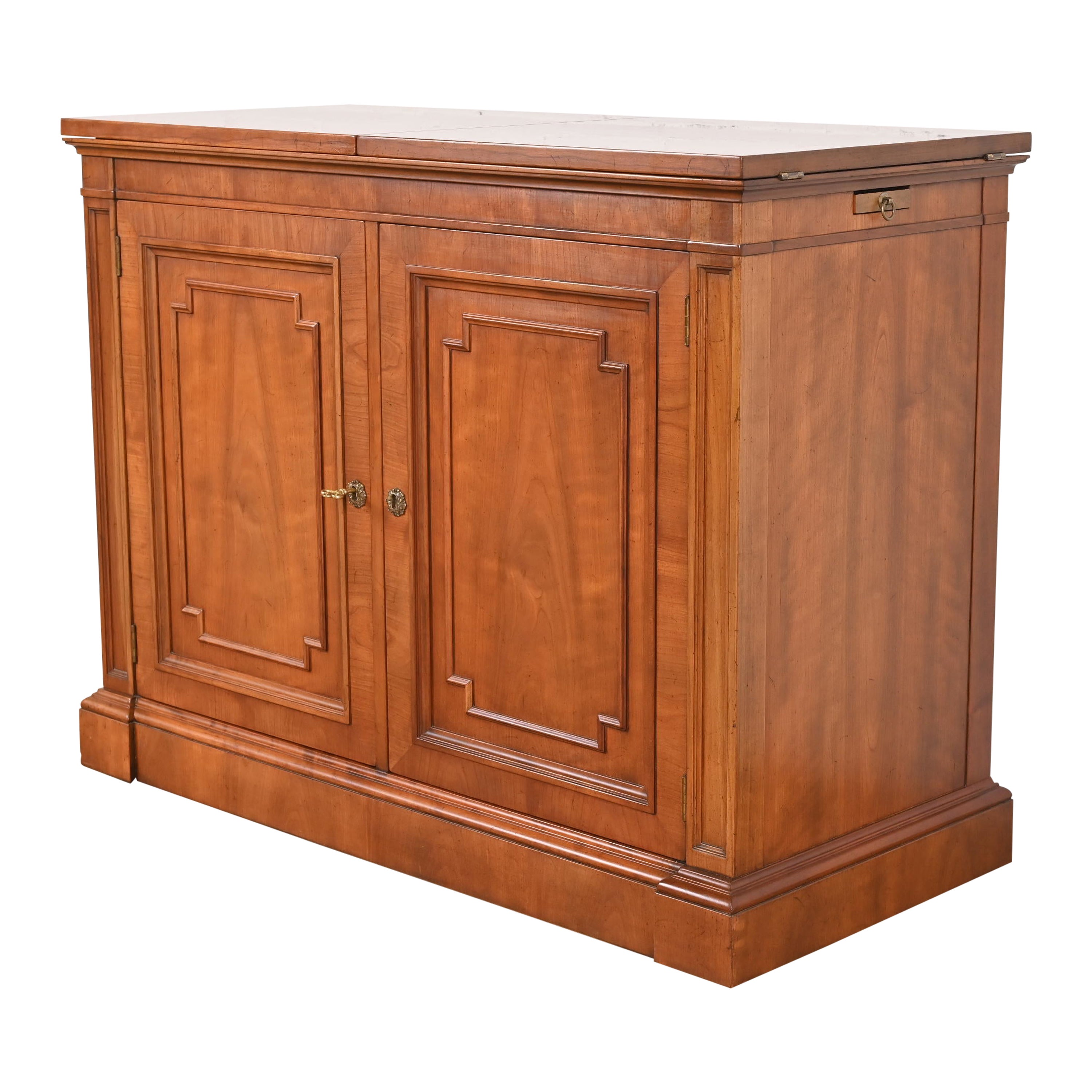 Kindel Furniture French Regency Cherry Wood Flip Top Rolling Bar Cabinet For Sale