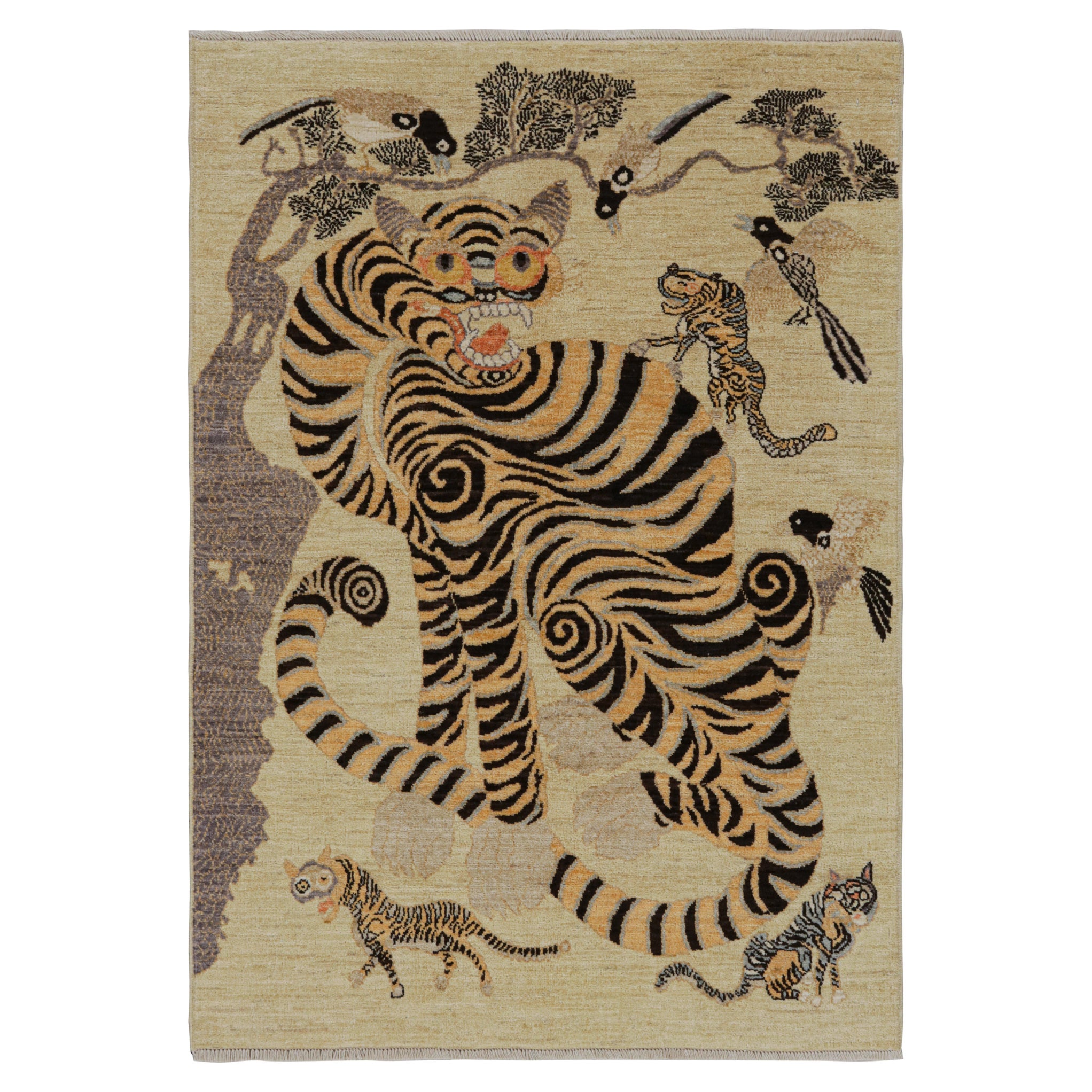 Classic Pictorial Korean Tiger Rug in Beige/Brown and Brown by Rug & Kilim For Sale