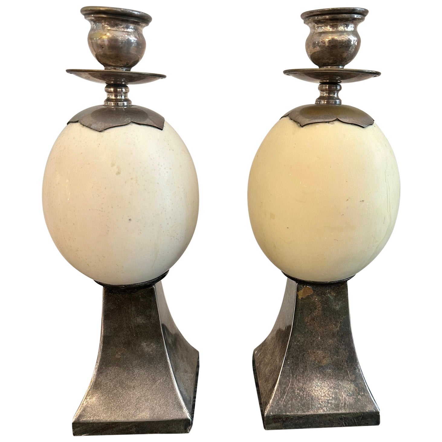 Pair of Ostrich Egg Mounted Silver Plate Candlesticks, Style of Anthony Redmile For Sale