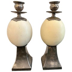 Retro Pair of Ostrich Egg Mounted Silver Plate Candlesticks, Style of Anthony Redmile
