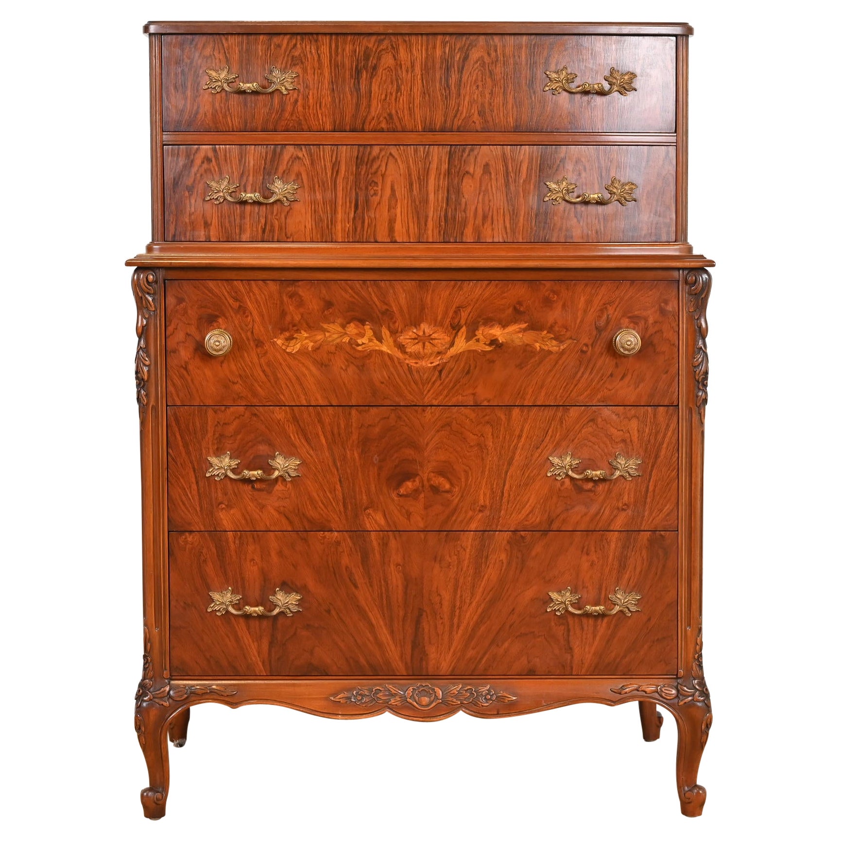 Limbert French Provincial Louis XV Carved Rosewood Highboy Dresser, 1920s