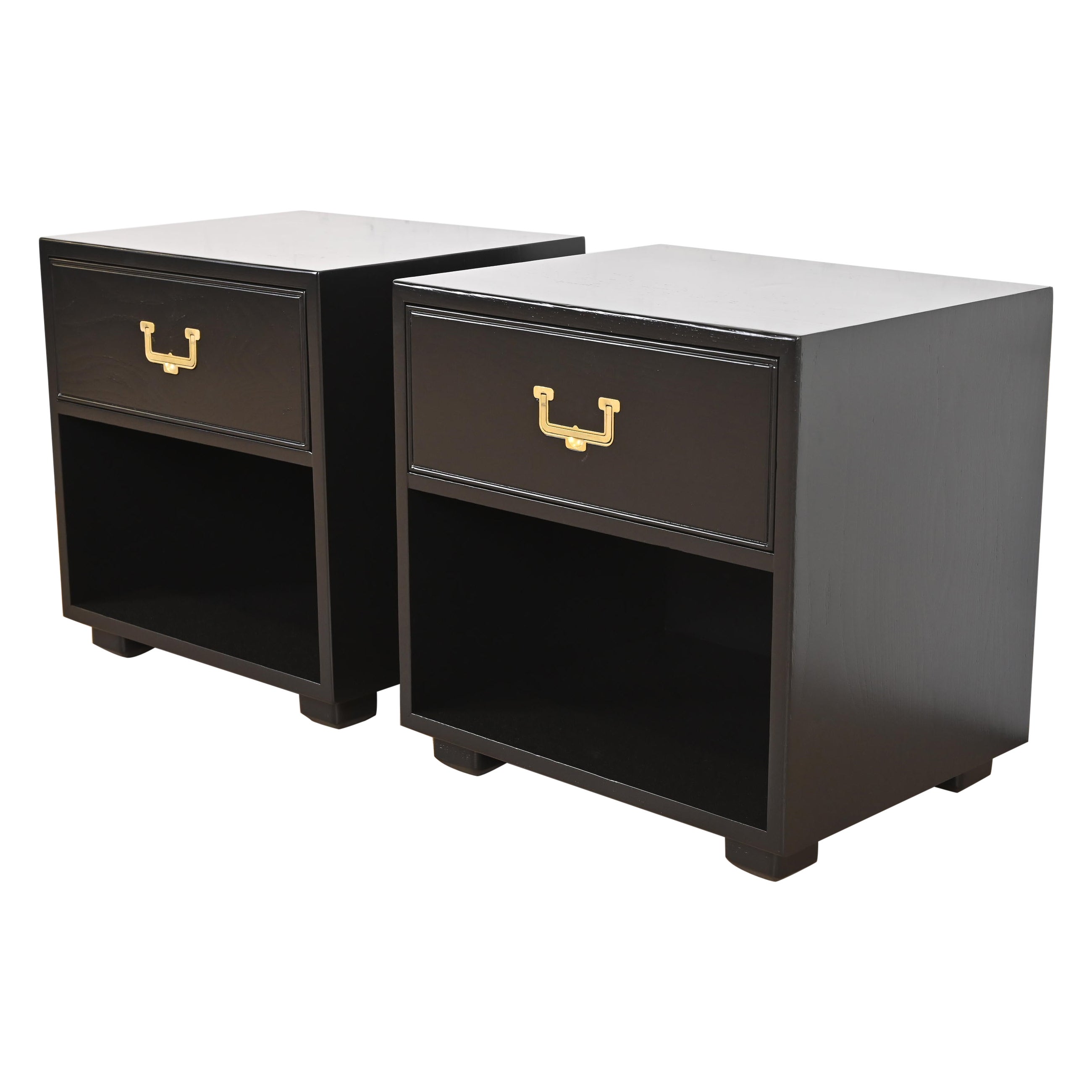Henredon Hollywood Regency Black Lacquered Campaign Nightstands, Refinished