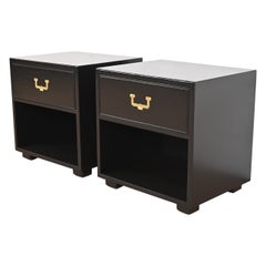 Retro Henredon Hollywood Regency Black Lacquered Campaign Nightstands, Refinished