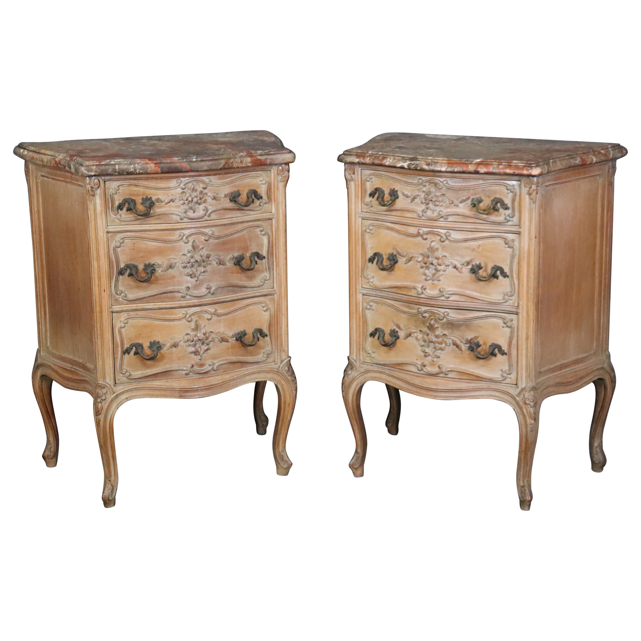 Pair of French Louis XV Style Distressed Marble Top Commodes Nightstands For Sale