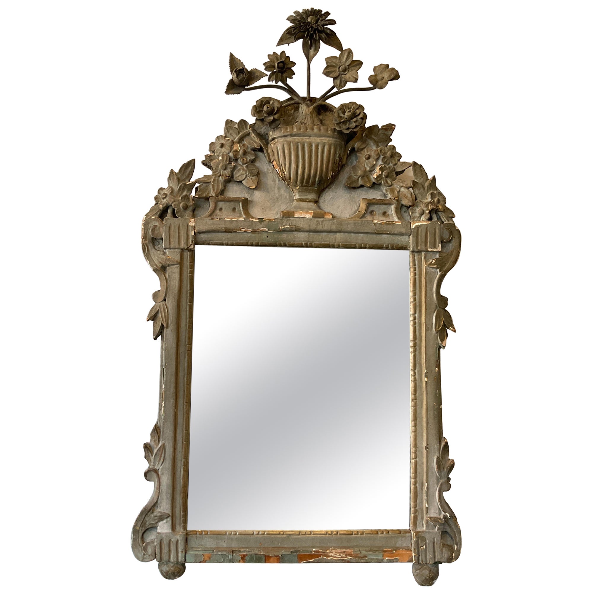 1840s  Grey Painted Carved Wood French Mirror With Metal Flowers