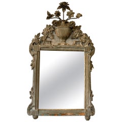 1840s  Grey Painted Carved Wood French Mirror With Metal Flowers