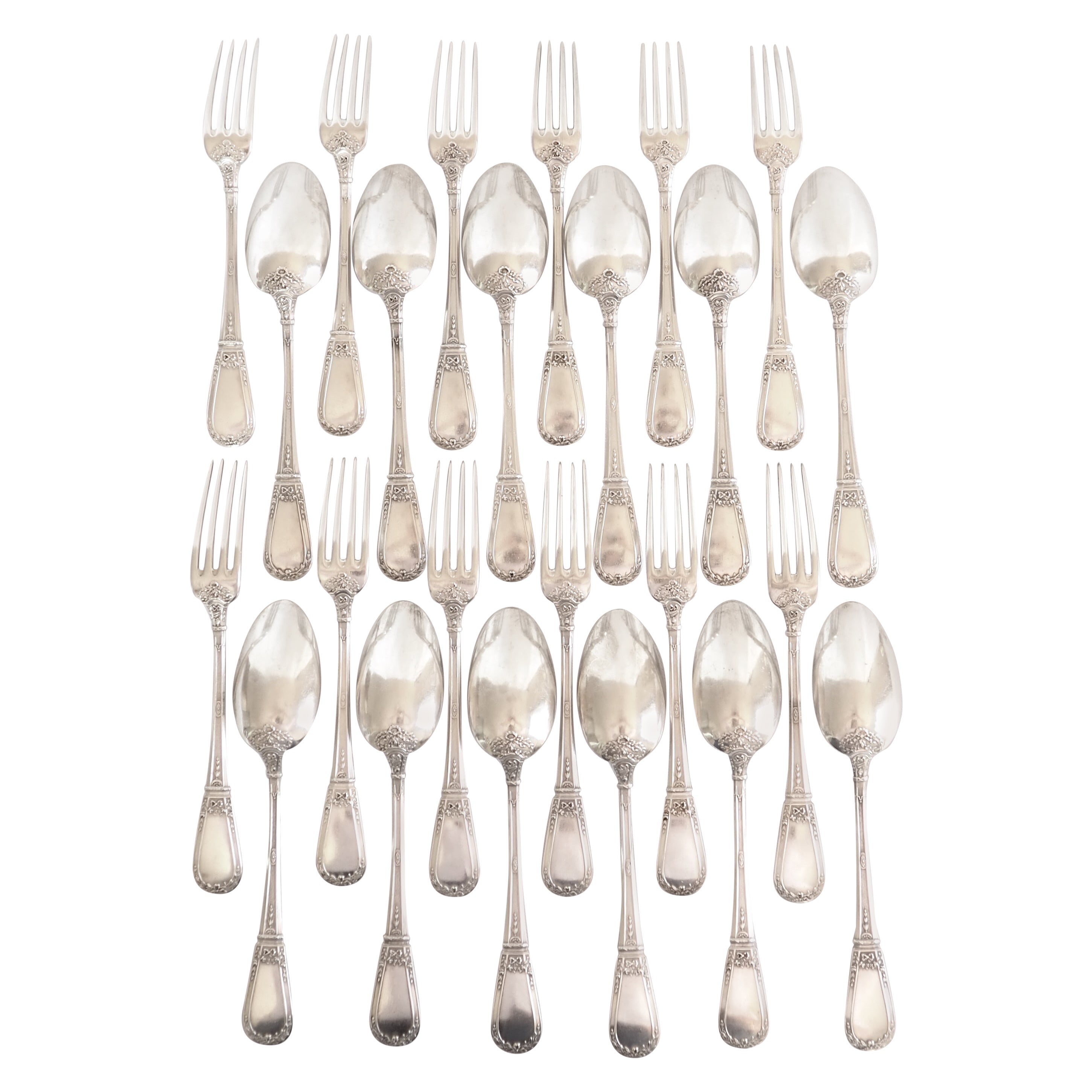 French antique sterling silver dessert flatware - 24 pieces - Louis XVI style For Sale