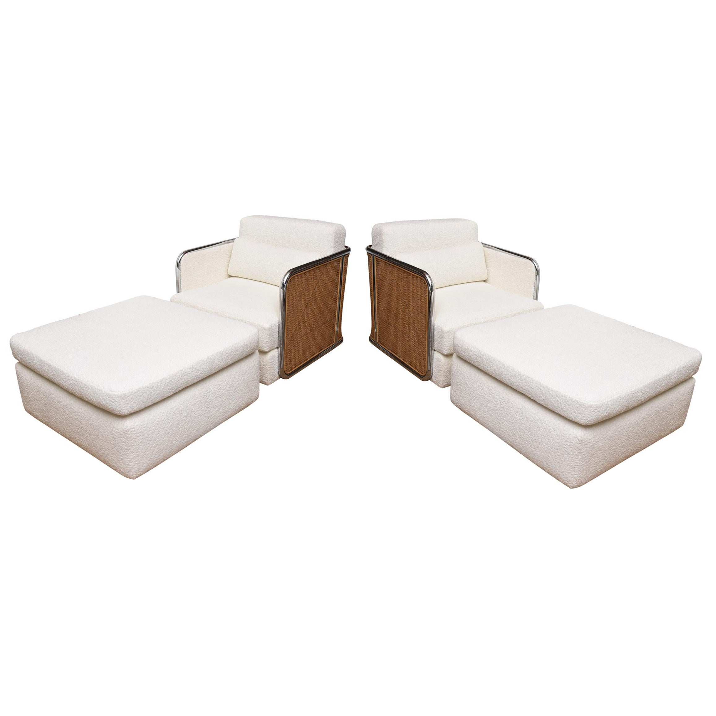 Milo Baughman Thayer Coggin Rare Caned, Chrome, Off White Boucle Chairs Ottomans For Sale