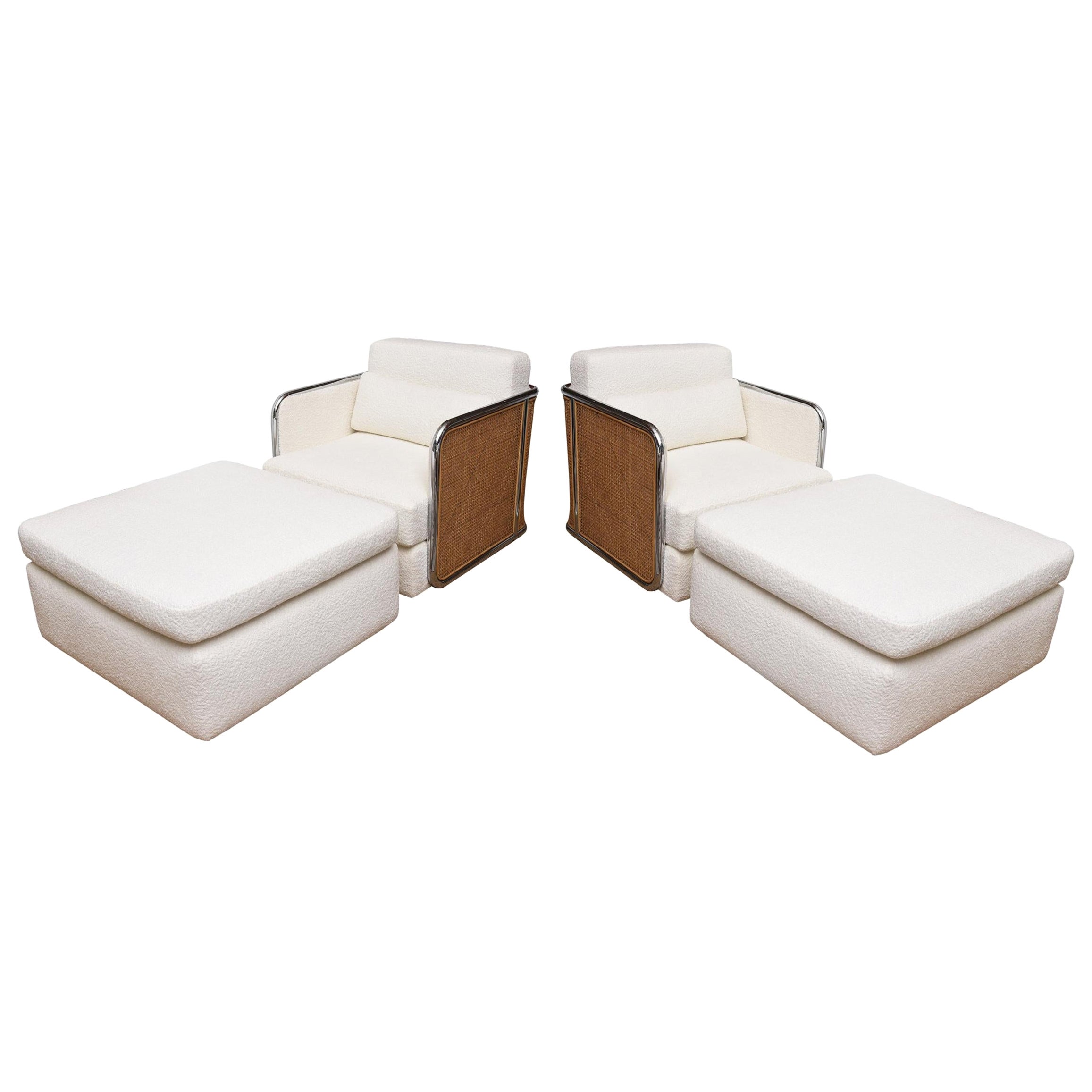 Milo Baughman Thayer Coggin Rare Caned, Chrome, Off White Boucle Chairs Ottomans