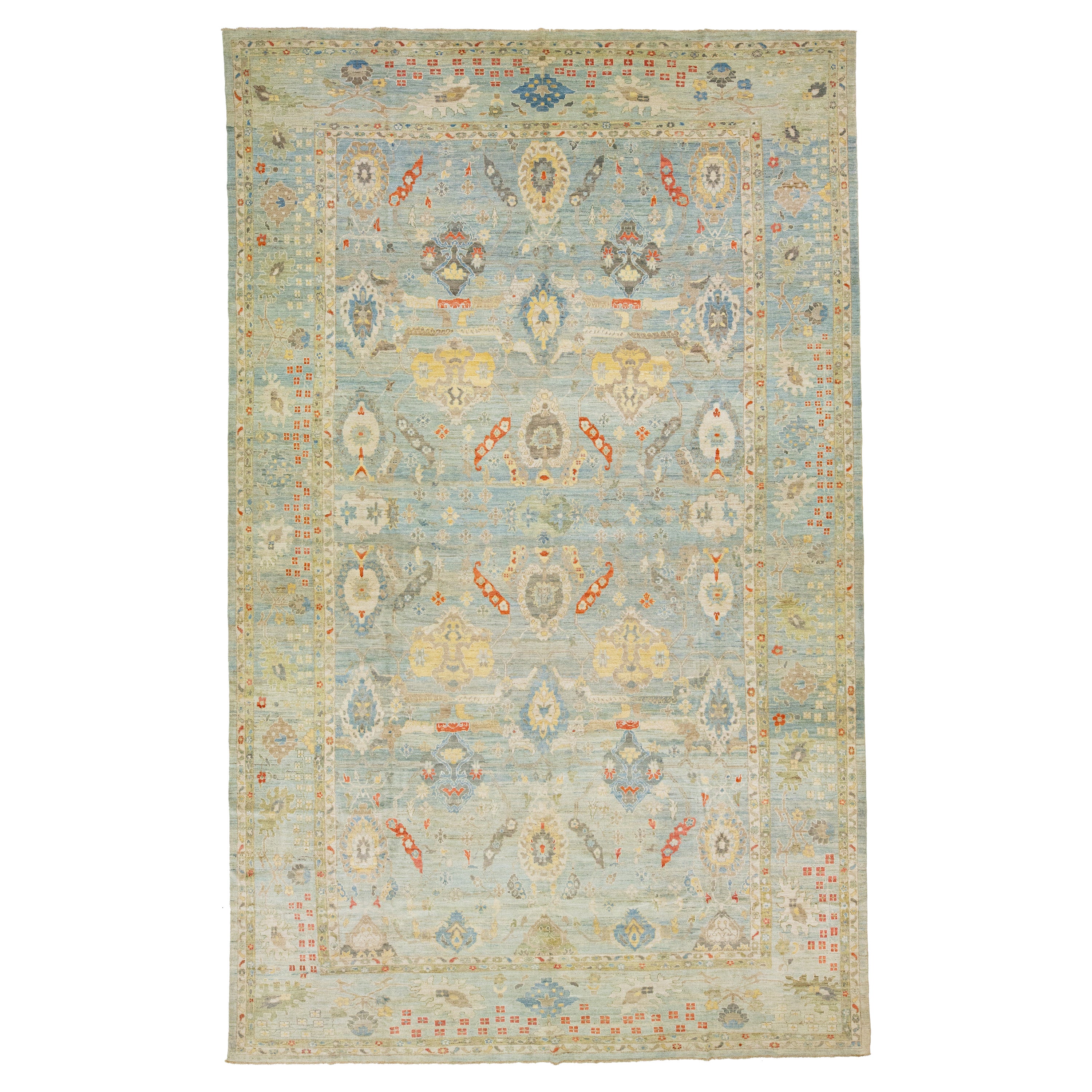 Blue Oversize Sultanabad Wool Rug With Floral Motif