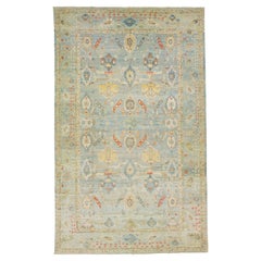 Blue Oversize Sultanabad Wool Rug With Floral Motif